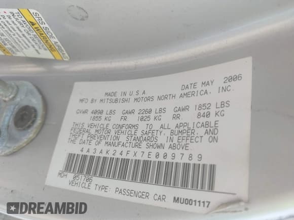 ✅ 2007 Mitsubishi Eclipse GS • VIN: 4A3AK24FX7E009789 • Lot: 43369646. Listed on IAAI with Not provided. Free auction sales archive from the USA and detailed vehicle history report at DreamBid. Image 9.