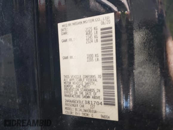 ✅ 2020 Nissan Maxima SV • VIN: 1N4AA6CV3LC381704 • Лот: 43293103. Опубликован ранее на IAAI с пробегом 59 907 миль. Бесплатный доступ к архиву аукционных продаж из США и подробный отчёт об истории автомобиля на DreamBid. Изображение 9.