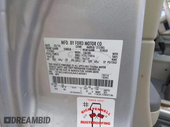 ✅ 2010 Ford Escape XLT • VIN: 1FMCU9DGXAKC45581 • Lot: 43658527. Listed on IAAI with 122,482 mi. Free auction sales archive from the USA and detailed vehicle history report at DreamBid. Image 9.