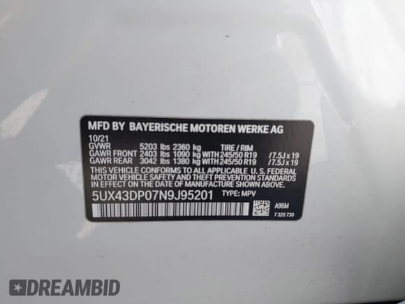 ✅ 2022 BMW X3 sDrive30i • VIN: 5UX43DP07N9J95201 • Lot: 43801211. Listed on IAAI with 51,932 mi. Free auction sales archive from the USA and detailed vehicle history report at DreamBid. Image 9.