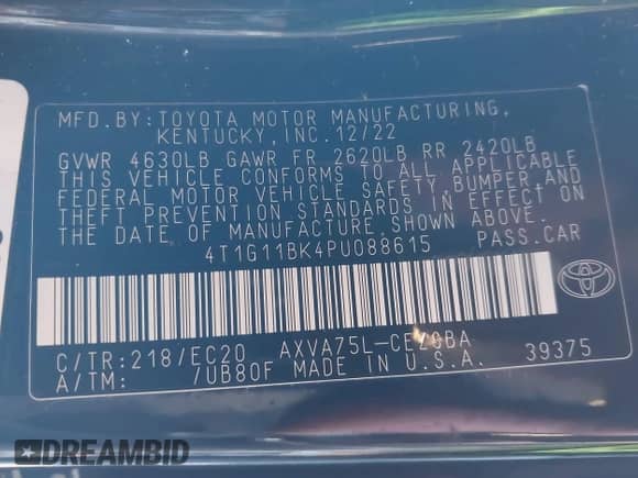 2023 Toyota Camry SE with VIN 4T1G11BK4PU088615, listed as a IAAI auction lot 42345340 with 35,468 mi miles and . Bid and sale history available at DreamBid. Image 9.