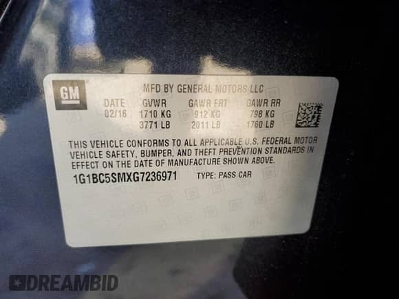 ✅ 2016 Chevrolet Cruze LS • VIN: 1G1BC5SMXG7236971 • Лот: 85290645. Опубликован ранее на Copart с пробегом 128 090 миль. Бесплатный доступ к архиву аукционных продаж из США и подробный отчёт об истории автомобиля на DreamBid. Изображение 12.