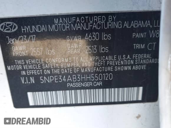 2017 Hyundai Sonata Sport with VIN 5NPE34AB3HH550120, listed as a IAAI auction lot 41603498 with 61,581 mi miles and . Bid and sale history available at DreamBid. Image 9.