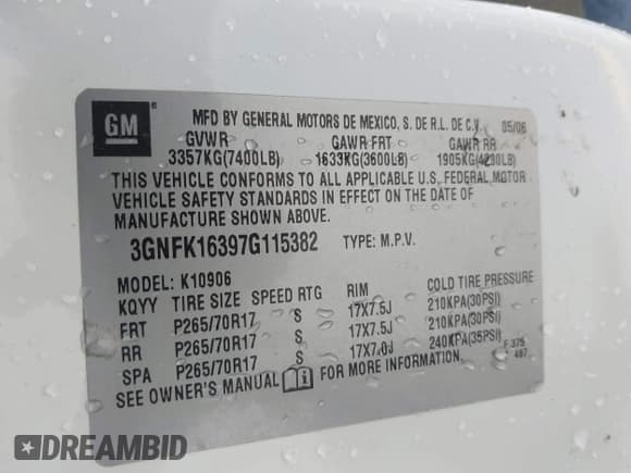 ✅ 2007 Chevrolet Suburban LT • VIN: 3GNFK16397G115382 • Lot: 42717724. Listed on IAAI with 263,508 mi. Free auction sales archive from the USA and detailed vehicle history report at DreamBid. Image 9.