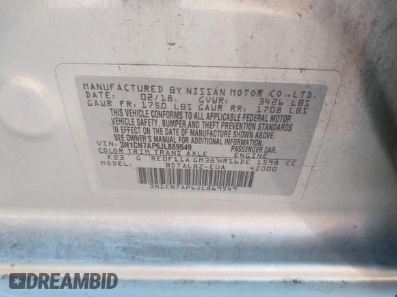 ✅ 2018 Nissan Versa SV • VIN: 3N1CN7AP6JL869549 • Lot: 43770421. Listed on IAAI with 161,318 mi. Free auction sales archive from the USA and detailed vehicle history report at DreamBid. Image 9.