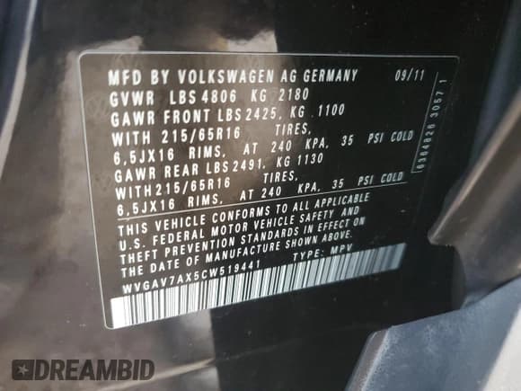 ✅ 2012 Volkswagen Tiguan SE • VIN: WVGAV7AX5CW519441 • Lot: 54089305. Listed on Copart with 165,361 mi. Free auction sales archive from the USA and detailed vehicle history report at DreamBid. Image 13.