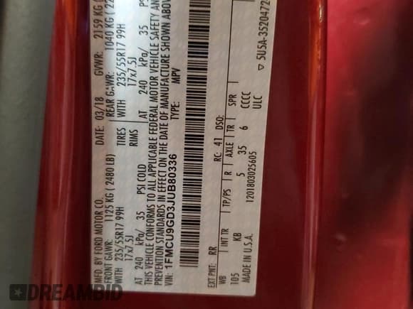 ✅ 2018 Ford Escape SE • VIN: 1FMCU9GD3JUB80336 • Lot: 92598255. Wystawiony na Copart z przebiegiem 42 431 mil. Bezpłatny archiwum sprzedaży aukcyjnych z USA i szczegółowy raport historii pojazdu na DreamBid. Zdjęcie 12.