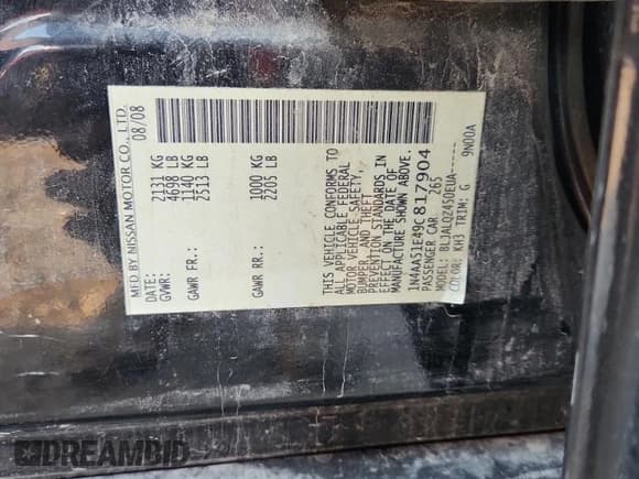 ✅ 2009 Nissan Maxima SV • VIN: 1N4AA51E49C817904 • Lot: 71687985. Listed on Copart with 166,747 mi. Free auction sales archive from the USA and detailed vehicle history report at DreamBid. Image 12.