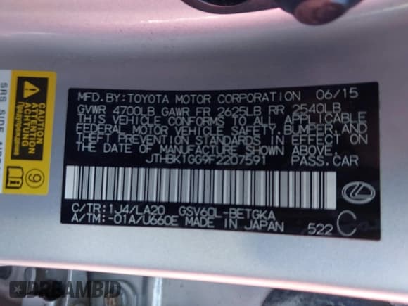 ✅ 2015 Lexus ES 330 • VIN: JTHBK1GG9F2207591 • Lot: 43594864. Listed on IAAI with 85,268 mi. Free auction sales archive from the USA and detailed vehicle history report at DreamBid. Image 9.