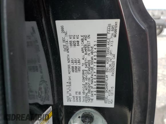 ✅ 2007 Mitsubishi Eclipse SE • VIN: 4A3AK64F77E053451 • Lot: 75109254. Listed on Copart with 231,197 mi. Free auction sales archive from the USA and detailed vehicle history report at DreamBid. Image 12.