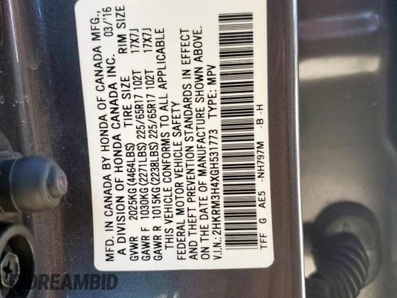 ✅ 2016 Honda CR-V SE • VIN: 2HKRM3H4XGH531773 • Lot: 91927625. Listed on Copart with 128,795 mi. Free auction sales archive from the USA and detailed vehicle history report at DreamBid. Image 13.