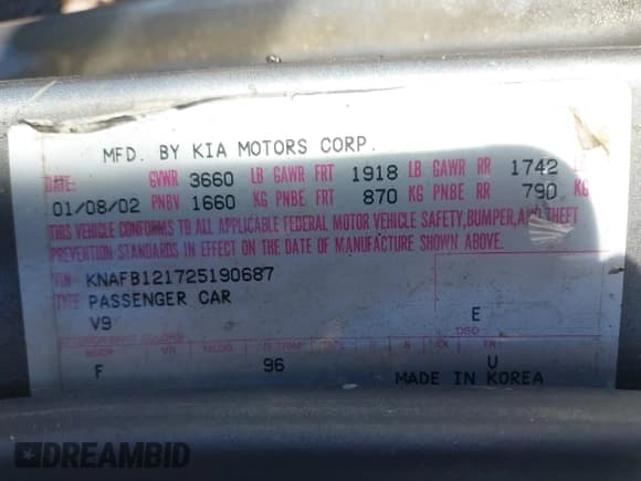 ✅ 2002 Kia Spectra • VIN: KNAFB121725190687 • Lot: 43590295. Listed on IAAI with 156,066 mi. Free auction sales archive from the USA and detailed vehicle history report at DreamBid. Image 9.