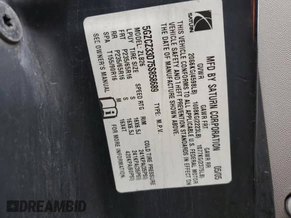 2005 Saturn VUE z VIN 5GZCZ33D75S858689, wystawiony jako Copart lot #80160684 z przebiegiem 209 776 mil mil oraz Szkoda całkowita • Salvage title. Historia ofert i sprzedaży dostępna na DreamBid. Obrazek 13.