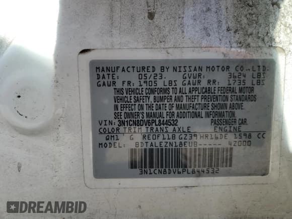 ✅ 2023 Nissan Versa S • VIN: 3N1CN8DV6PL844532 • Лот: 83873545. Опубликован ранее на Copart с пробегом 58 633 миль. Бесплатный доступ к архиву аукционных продаж из США и подробный отчёт об истории автомобиля на DreamBid. Изображение 12.