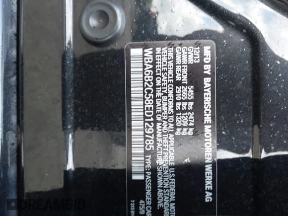 ✅ 2014 BMW 6 Series 650i • VIN: WBA6B2C58ED129785 • Lot: 42741610. Listed on IAAI with Not provided. Free auction sales archive from the USA and detailed vehicle history report at DreamBid. Image 9.