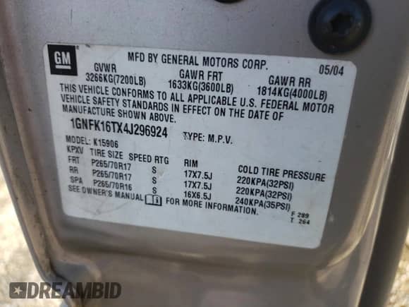 2004 Chevrolet Suburban LS с VIN 1GNFK16TX4J296924, выставлен на аукционе Copart как лот 77017754 с пробегом 281 408 миль миль и На запчасти • Non repairable. История ставок и продаж доступна на DreamBid. Изображение 10.