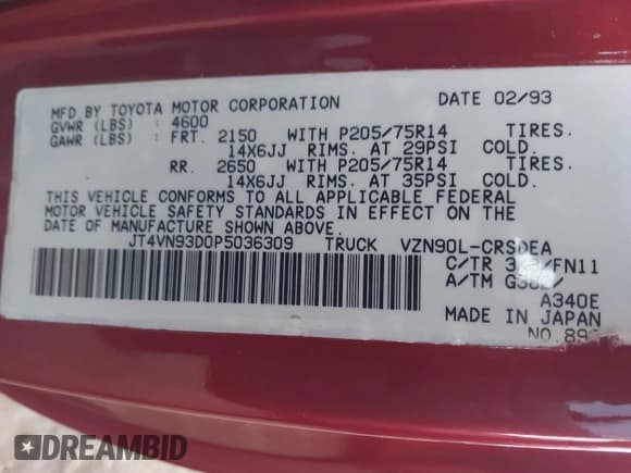 ✅ 1993 Toyota Pickup • VIN: JT4VN93D0P5036309 • Лот: 41742341. Опубликован ранее на IAAI с пробегом 219 695 миль. Бесплатный доступ к архиву аукционных продаж из США и подробный отчёт об истории автомобиля на DreamBid. Изображение 9.