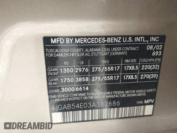 ✅ 2003 Mercedes-Benz M 320 • VIN: 4JGAB54E03A382686 • Лот: 43771760. Опубликован ранее на IAAI с пробегом 163 030 миль. Бесплатный доступ к архиву аукционных продаж из США и подробный отчёт об истории автомобиля на DreamBid. Изображение 9.