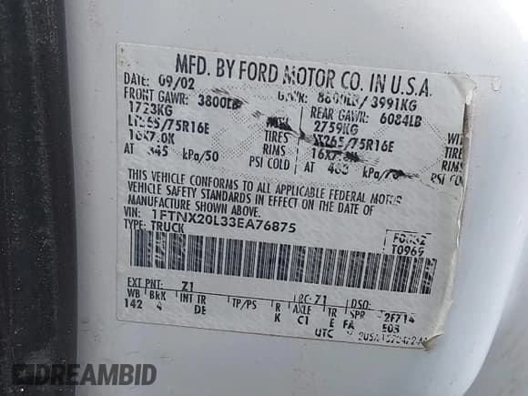 ✅ 2003 Ford F-250 XL • VIN: 1FTNX20L33EA76875 • Lot: 41906622. Listed on IAAI with 182,874 mi. Free auction sales archive from the USA and detailed vehicle history report at DreamBid. Image 9.