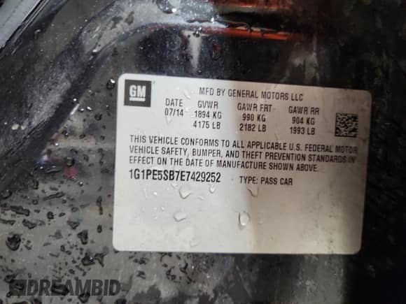 2014 Chevrolet Cruze 2LT с VIN 1G1PE5SB7E7429252, выставлен на аукционе Copart как лот 89543125 с пробегом 195 739 миль миль и Списание • Salvage title. История ставок и продаж доступна на DreamBid. Изображение 12.