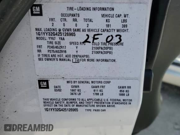 2002 Chevrolet Corvette z VIN 1G1YY32G425126965, wystawiony jako Copart lot #75552964 z przebiegiem Nie podano mil oraz Szkoda całkowita • Salvage title. Historia ofert i sprzedaży dostępna na DreamBid. Obrazek 13.