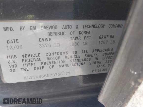 2007 Chevrolet Aveo LS с VIN KL1TD66657B758177, выставлен на аукционе IAAI как лот 43288836 с пробегом 230 252 миль миль и . История ставок и продаж доступна на DreamBid. Изображение 9.