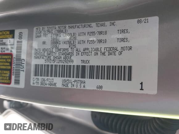 ✅ 2021 Toyota Tundra SR5 • VIN: 5TFEY5F12MX292999 • Lot: 42008779. Listed on IAAI with 46,684 mi. Free auction sales archive from the USA and detailed vehicle history report at DreamBid. Image 9.