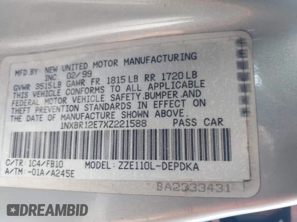 ✅ 1999 Toyota Corolla LE • VIN: 1NXBR12E7XZ221588 • Lot: 43836707. Wystawiony na IAAI z przebiegiem 295 529 mil. Bezpłatny archiwum sprzedaży aukcyjnych z USA i szczegółowy raport historii pojazdu na DreamBid. Zdjęcie 9.