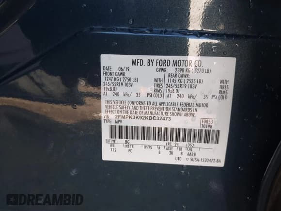 ✅ 2019 Ford Edge Titanium • VIN: 2FMPK3K92KBC32473 • Lot: 43621488. Listed on IAAI with 66,107 mi. Free auction sales archive from the USA and detailed vehicle history report at DreamBid. Image 9.