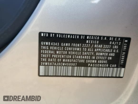 ✅ 2012 Volkswagen Jetta Autobahn • VIN: 3VW567AJXCM458907 • Lot: 48782955. Listed on Copart with 119,363 mi. Free auction sales archive from the USA and detailed vehicle history report at DreamBid. Image 12.