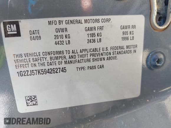 ✅ 2009 Pontiac G6 1SB • VIN: 1G2ZJ57K594262745 • Lot: 41997931. Listed on IAAI with 194,570 mi. Free auction sales archive from the USA and detailed vehicle history report at DreamBid. Image 9.