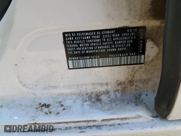 ✅ 2013 Volkswagen Golf w/Conv & Sunroof • VIN: WVWDB7AJ9DW132124 • Lot: 55153115. Listed on Copart with 132,503 mi. Free auction sales archive from the USA and detailed vehicle history report at DreamBid. Image 12.