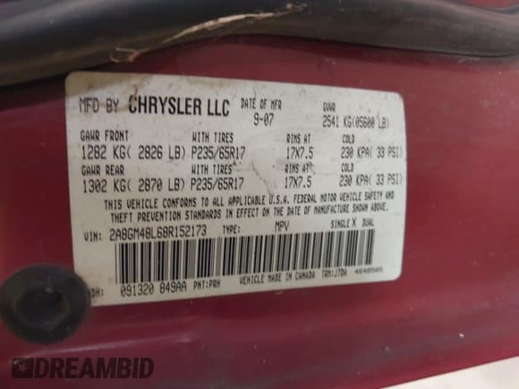 ✅ 2008 Chrysler Pacifica LX • VIN: 2A8GM48L68R152173 • Лот: 42594092. Опубликован ранее на IAAI с пробегом 173 564 миль. Бесплатный доступ к архиву аукционных продаж из США и подробный отчёт об истории автомобиля на DreamBid. Изображение 9.