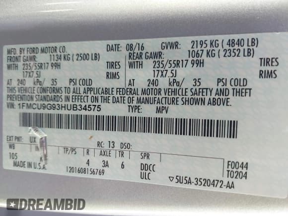 ✅ 2017 Ford Escape SE • VIN: 1FMCU9G93HUB34575 • Lot: 42279592. Wystawiony na IAAI z przebiegiem 71 904 mil. Bezpłatny archiwum sprzedaży aukcyjnych z USA i szczegółowy raport historii pojazdu na DreamBid. Zdjęcie 9.