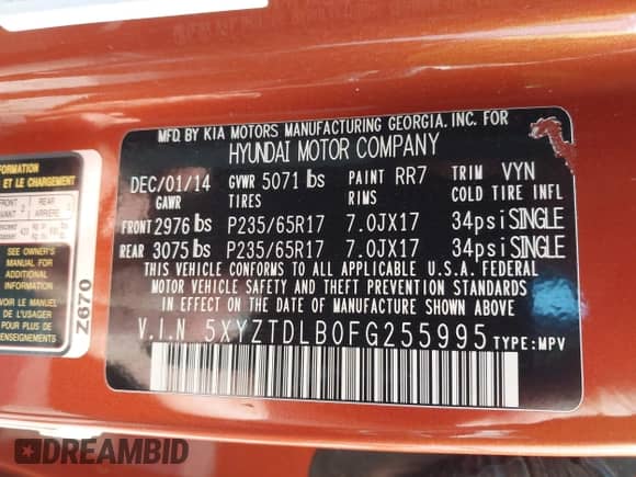 2015 Hyundai Santa Fe with VIN 5XYZTDLB0FG255995, listed as a IAAI auction lot 43021584 with 153,333 mi miles and . Bid and sale history available at DreamBid. Image 9.