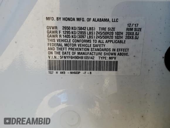 ✅ 2017 Honda Pilot Touring • VIN: 5FNYF6H90HB105142 • Лот: 81924795. Опубликован ранее на Copart с пробегом 143 814 миль. Бесплатный доступ к архиву аукционных продаж из США и подробный отчёт об истории автомобиля на DreamBid. Изображение 12.
