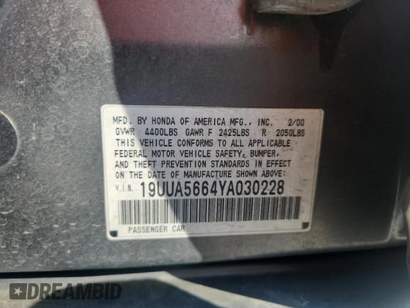 ✅ 2000 Acura TL • VIN: 19UUA5664YA030228 • Lot: 87378565. Listed on Copart with 161,363 mi. Free auction sales archive from the USA and detailed vehicle history report at DreamBid. Image 13.