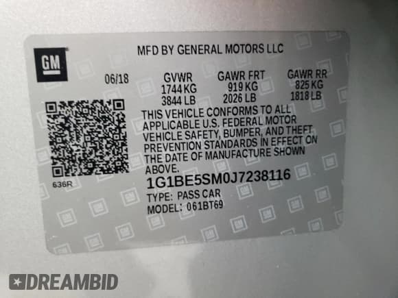 ✅ 2018 Chevrolet Cruze LT • VIN: 1G1BE5SM0J7238116 • Lot: 61329763. Listed on Copart with 74,507 mi. Free auction sales archive from the USA and detailed vehicle history report at DreamBid. Image 12.