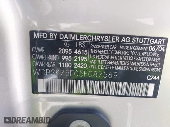 ✅ 2005 Mercedes-Benz SL 500 • VIN: WDBSK75F05F087569 • Lot: 42861521. Listed on IAAI with 90,732 mi. Free auction sales archive from the USA and detailed vehicle history report at DreamBid. Image 9.