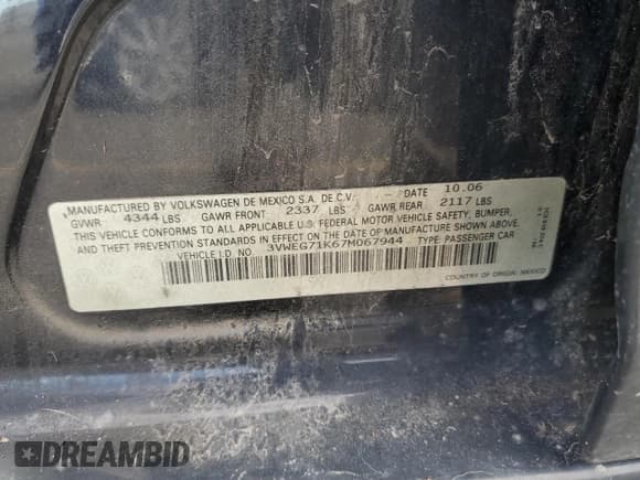 ✅ 2007 Volkswagen Jetta Wolfsburg Edition • VIN: 3VWEG71K67M067944 • Lot: 82090365. Listed on Copart with Not provided. Free auction sales archive from the USA and detailed vehicle history report at DreamBid. Image 12.