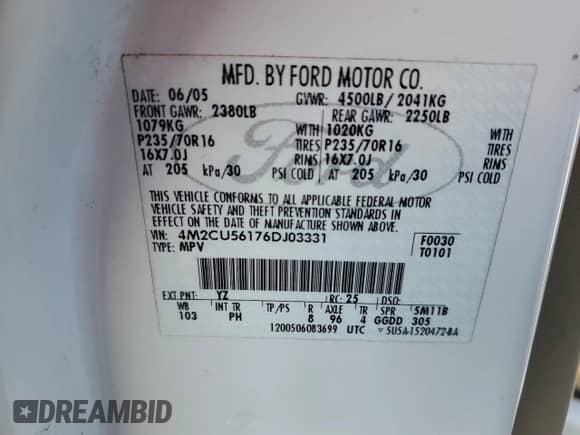 2006 Mercury Mariner Luxury с VIN 4M2CU56176DJ03331, выставлен на аукционе Copart как лот 83557274 с пробегом 291 468 миль миль и Списание • Salvage title. История ставок и продаж доступна на DreamBid. Изображение 15.