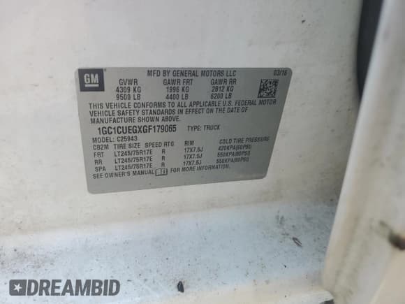 ✅ 2016 Chevrolet Silverado 2500HD Work Truck • VIN: 1GC1CUEGXGF179065 • Lot: 66064745. Listed on Copart with 87,723 mi. Free auction sales archive from the USA and detailed vehicle history report at DreamBid. Image 12.