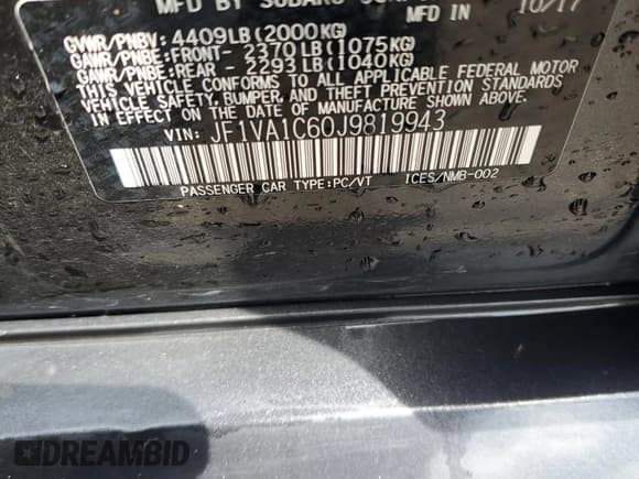 ✅ 2018 Subaru WRX Premium • VIN: JF1VA1C60J9819943 • Lot: 61558065. Listed on Copart with 65,746 mi. Free auction sales archive from the USA and detailed vehicle history report at DreamBid. Image 13.