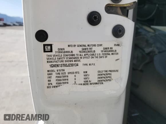 ✅ 2005 GMC Yukon SLE • VIN: 1GKEK13T65J239134 • Lot: 59302555. Wystawiony na Copart z przebiegiem Nie podano. Bezpłatny archiwum sprzedaży aukcyjnych z USA i szczegółowy raport historii pojazdu na DreamBid. Zdjęcie 12.