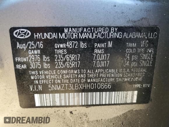 ✅ 2017 Hyundai Santa Fe 2.4L • VIN: 5NMZT3LBXHH010866 • Lot: 91642855. Listed on Copart with 244,401 mi. Free auction sales archive from the USA and detailed vehicle history report at DreamBid. Image 13.