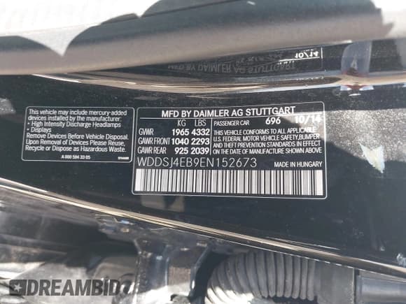 ✅ 2014 Mercedes-Benz CLA 250 • VIN: WDDSJ4EB9EN152673 • Lot: 42253291. Listed on IAAI with 164,564 mi. Free auction sales archive from the USA and detailed vehicle history report at DreamBid. Image 9.