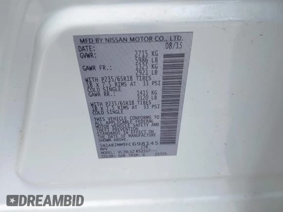 ✅ 2015 Nissan Pathfinder Platinum • VIN: 5N1AR2MM9FC698145 • Лот: 42848527. Опубликован ранее на IAAI с пробегом 144 624 миль. Бесплатный доступ к архиву аукционных продаж из США и подробный отчёт об истории автомобиля на DreamBid. Изображение 9.