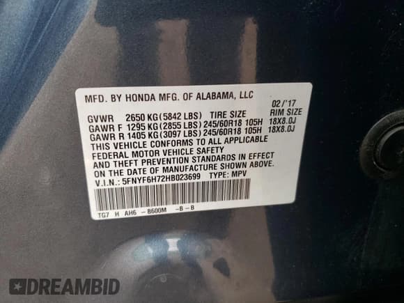 ✅ 2017 Honda Pilot EX-L • VIN: 5FNYF6H72HB023699 • Lot: 82439425. Listed on Copart with 63,725 mi. Free auction sales archive from the USA and detailed vehicle history report at DreamBid. Image 13.