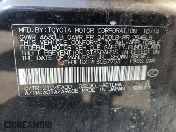 ✅ 2015 Lexus IS 250 • VIN: JTHBF1D29F5057753 • Lot: 54773575. Listed on Copart with 96,122 mi. Free auction sales archive from the USA and detailed vehicle history report at DreamBid. Image 12.
