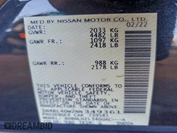 ✅ 2022 Nissan Altima SV • VIN: 1N4BL4DW2NN349361 • Lot: 94262895. Wystawiony na Copart z przebiegiem 32 474 mil. Bezpłatny archiwum sprzedaży aukcyjnych z USA i szczegółowy raport historii pojazdu na DreamBid. Zdjęcie 12.